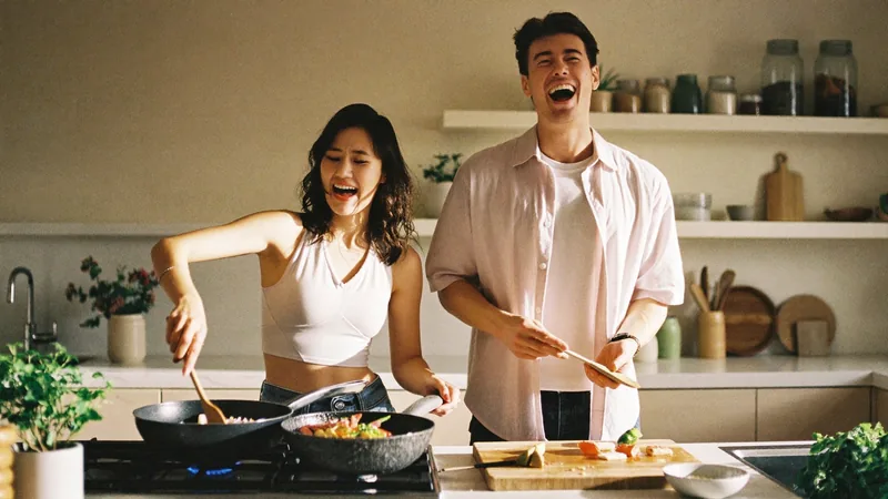 Pareja cocinando juntos con un wok